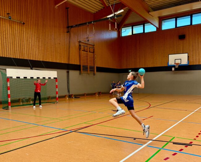 Ein Handballspieler springt in einem Sporthalle, während er einen Wurf auf das Tor abfeuert. Im Hintergrund steht ein Torwart in rot, der sich auf den Schuss vorbereitet. Die Halle hat Holzvertäfelungen und Basketballkorb.